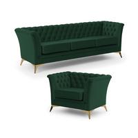 SITZGARNITUR 3+1 Chesterfield Whitby Flasche Grün Samt mit goldenen Füßen - Dunkelgrün/Goldfarben, Holz/Textil (237/78/82cm) - S-Style Möbel
