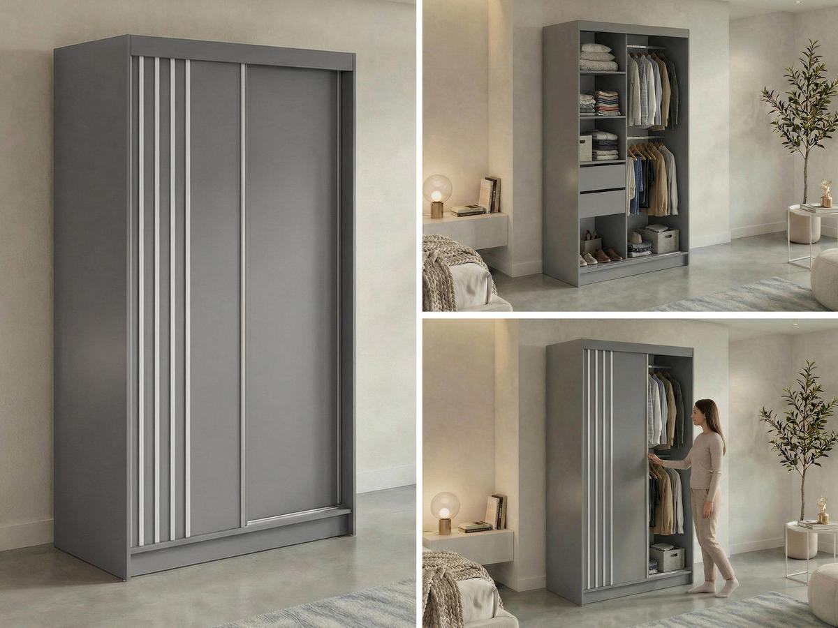 SCHWEBETÜRENSCHRANK mit Lamellen und Schubladen NAURU - 120 - Grau und Weiß - Alufarben/Weiß, Holzwerkstoff/Metall (120/216/61cm) - MKS