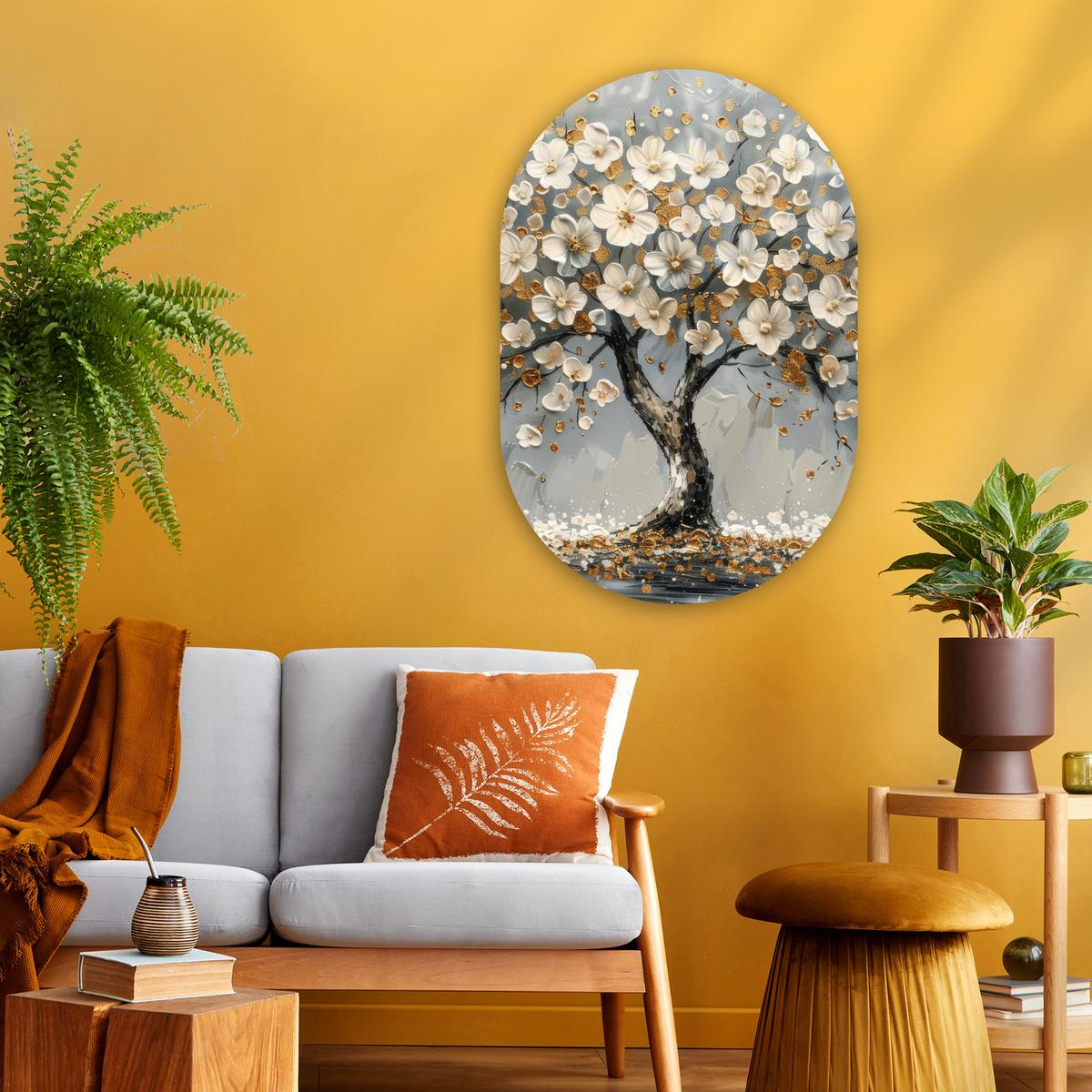 WANDBILD Baum - Gold - Blumen - Abstrakt - Kunst Wanddeko Schlafzimmer 60x90 cm - Goldfarben, Kunststoff (60/90cm) - MuchoWow