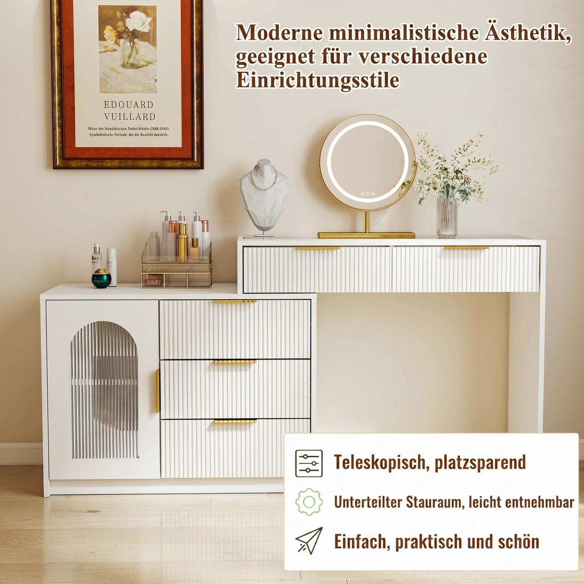 SCHMINKTISCH in Weiß mit Glasplatte, ausziehbar und mit LED-Spiegel - Weiß, Holzwerkstoff (160/75/40cm) - Urban Meuble