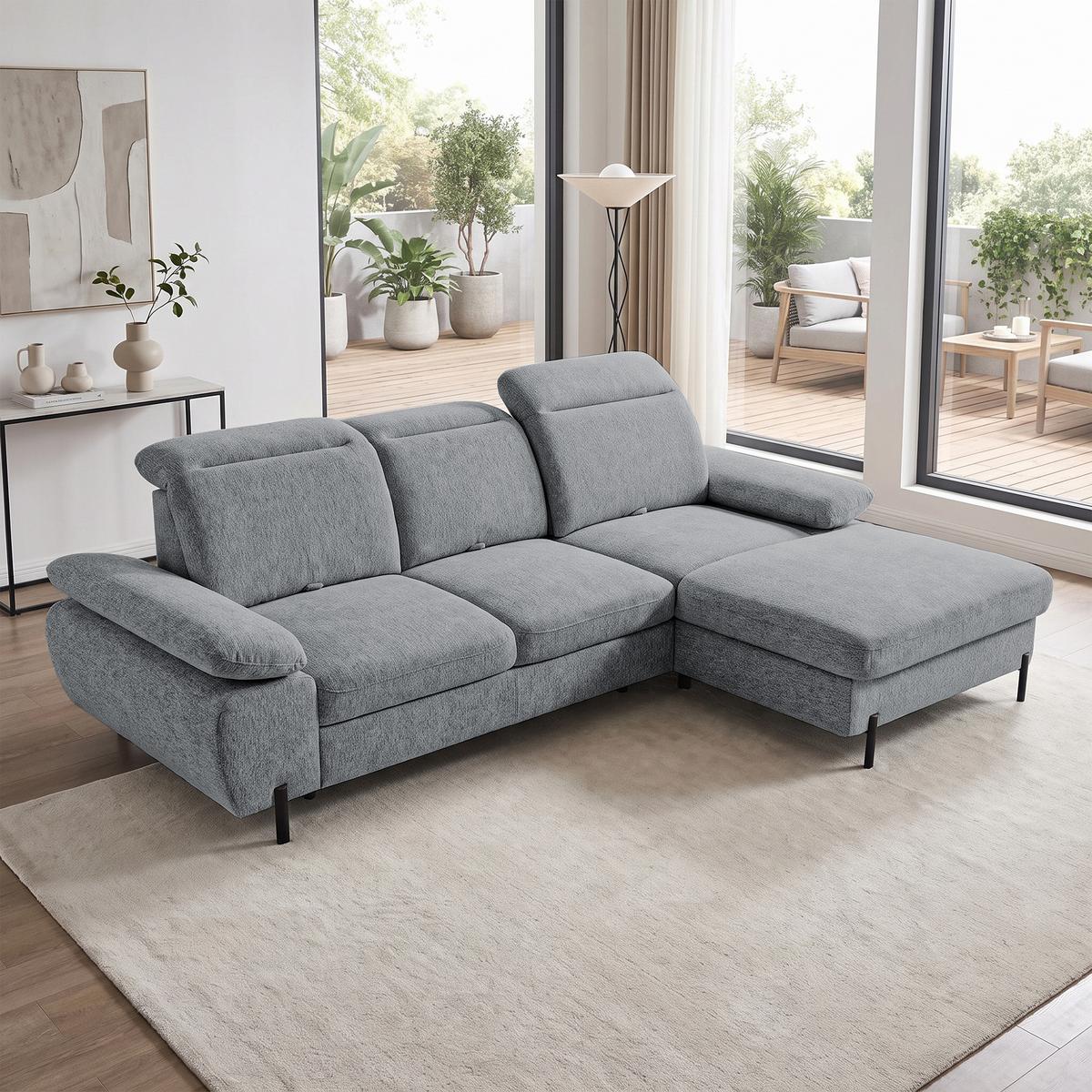 ECKSCHLAFSOFA Sora Mini mit verstellbaren Kopfstützen und Schlaffunktion, Chenille-Stoff, Grau, Rechts - Schwarz/Grau, Textil (190/285cm) - Beautysofa