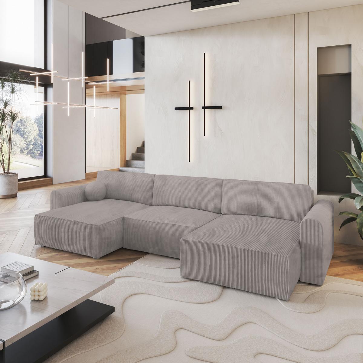 WOHNLANDSCHAFT FENTO P Beige Kordstoff mit Schlaffunktion - Beige/Grau, Holz/Kunststoff (347/90/148cm) - MASSENO