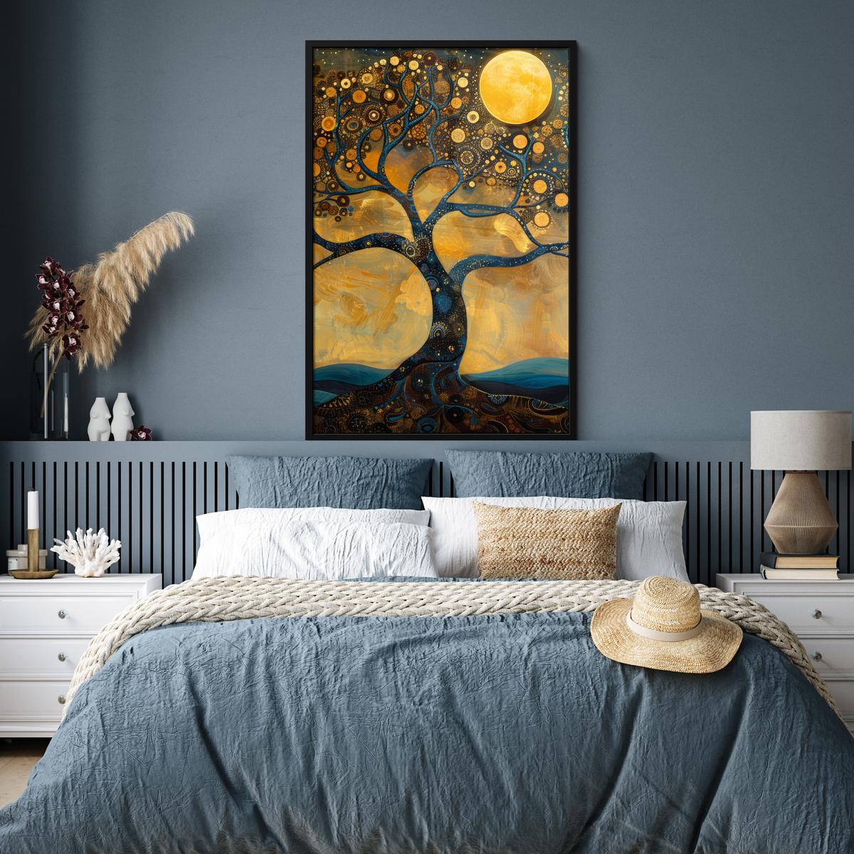 POSTER MIT RAHMEN Baum - Mond - Blumen - Gold - Kunst Bilderleiste 80x120 cm - Orange, Papier (80/120cm) - MuchoWow