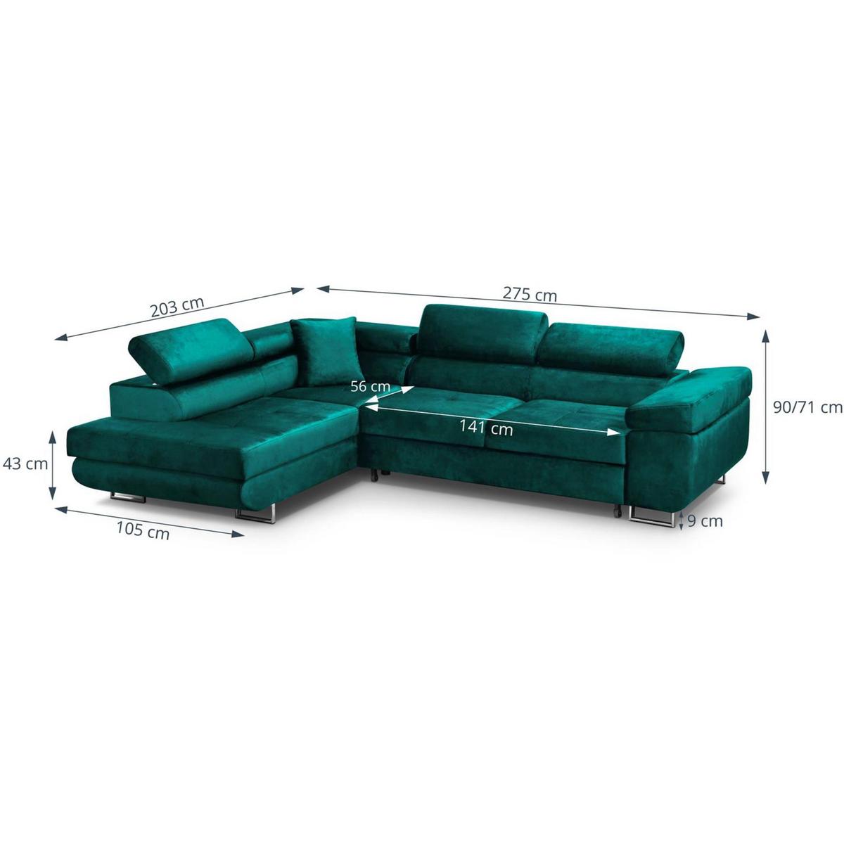 ECKSCHLAFSOFA Vild verstellbaren Kopfstützen, Dunkelgrün, links - Chromfarben/Dunkelgrün, Textil (275/203cm) - Beautysofa