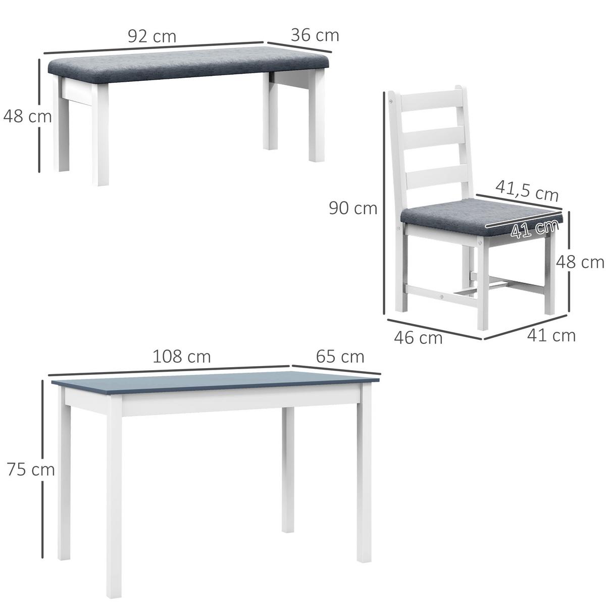ESSGRUPPE, Esstisch mit 2 Gepolsterten Stühlen, Bank, 4-Teiliges Esstisch-Set - Weiß/Grau, Holz/Textil (65/75/108cm) - HOMCOM