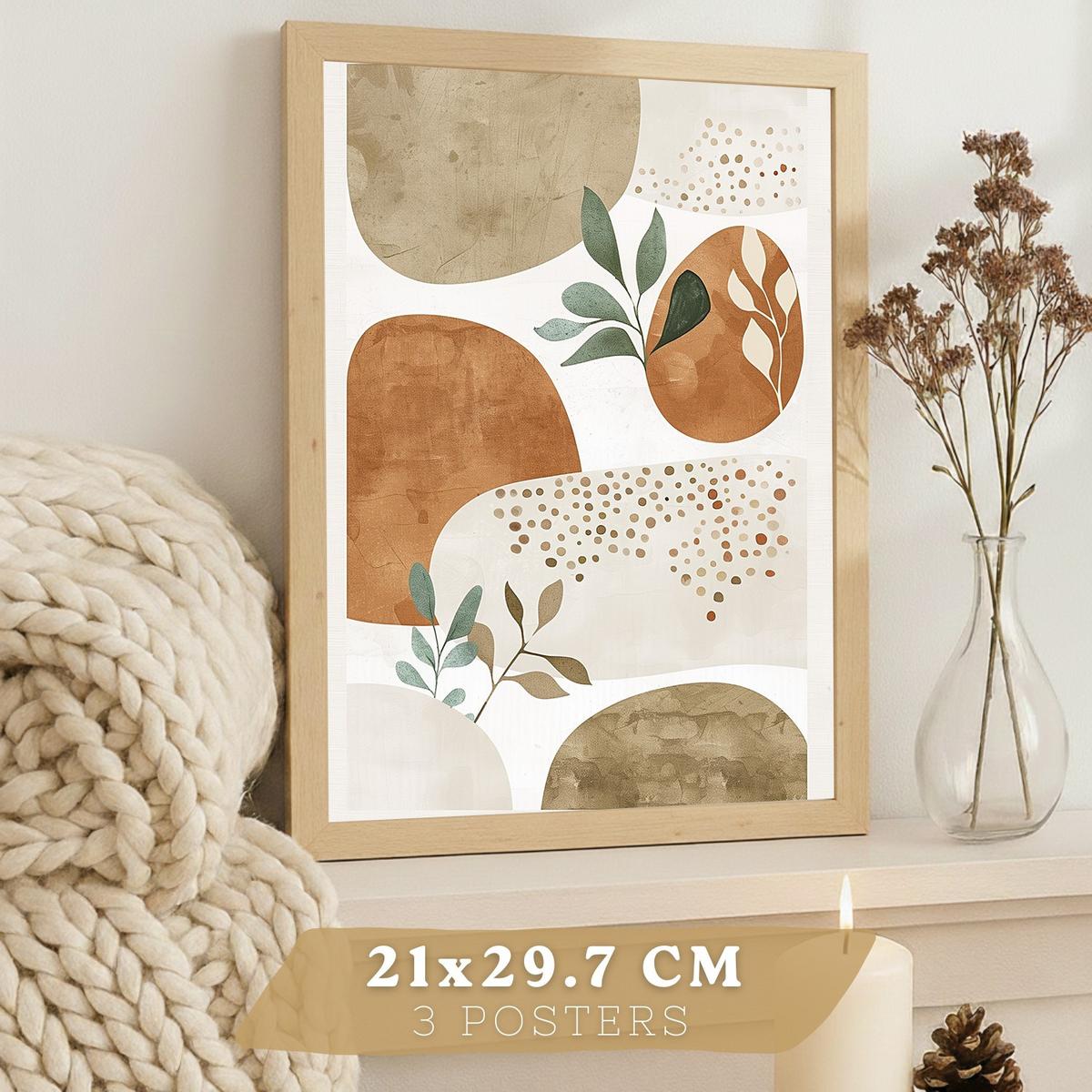POSTER 3er Kunstdruck-Set Wandbilder Pflanzen Abstrakt Grün Braun modern Wohnzimmer Deko, Schlafzimmer, Küche, Badezimmer Leichter Holzrahmen A4 - Beige, Papier (29.7/1/21cm) - Nacnic