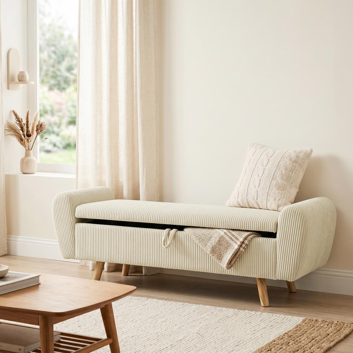 TRUHENBANK Polyester Gummibaumholz Beige - Beige, Holz/Textil (45/51/150cm) - HOMCOM