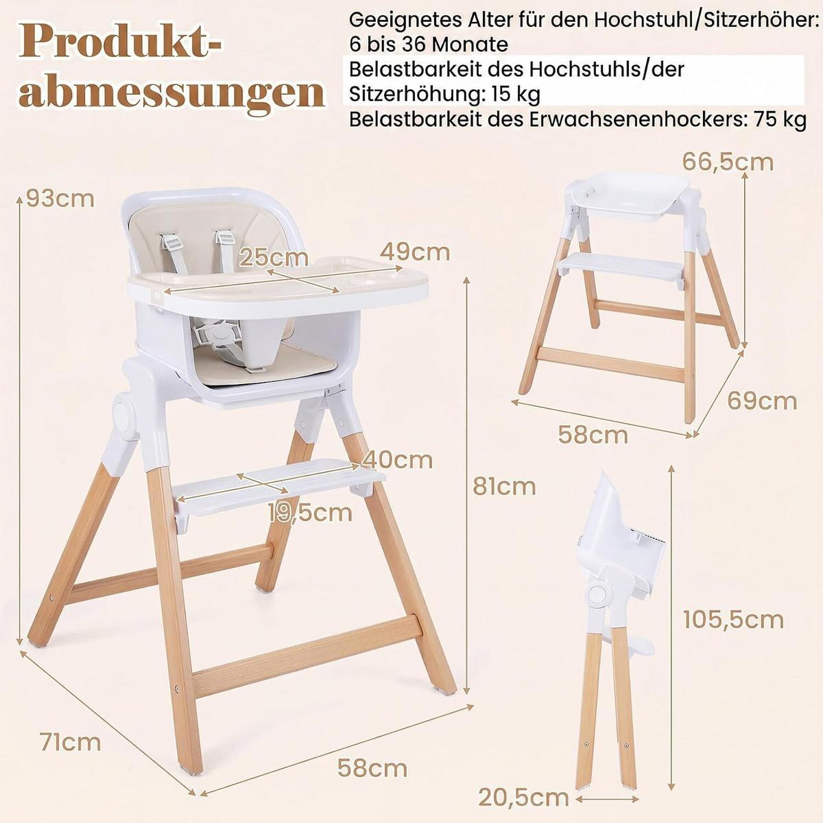KINDERHOCHSTUHL mit Tablett beige - Beige, Holz (71/93/58cm) - COSTWAY