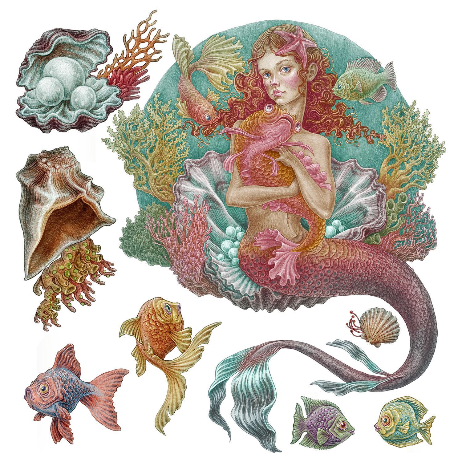 WANDAUFKLEBER 130x129cm - Meerjungfrauen-Zeichentrickwelt - Multicolor, Kunststoff (130/129/0.1cm) - Wallfluent