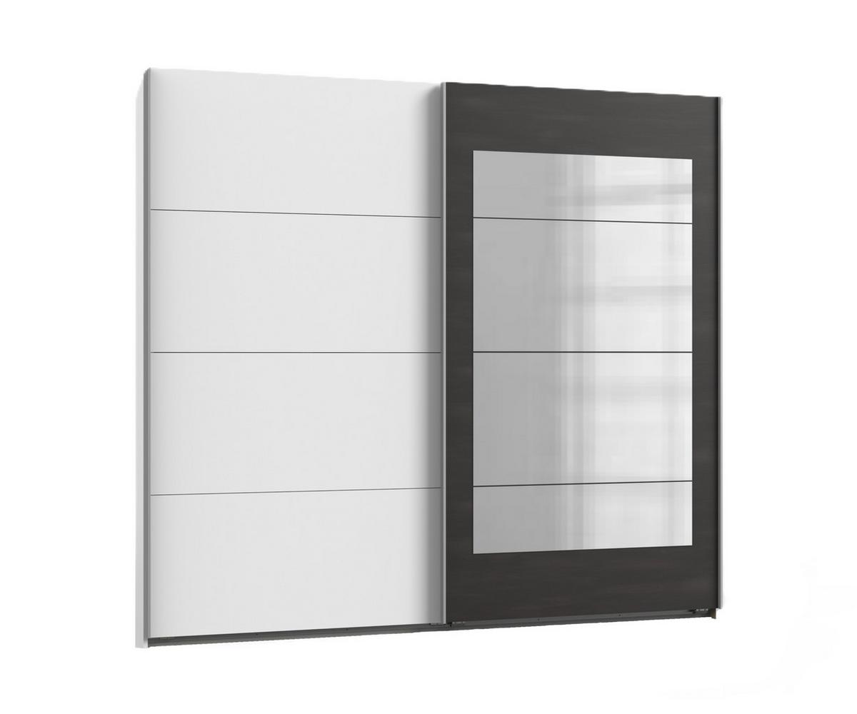 SCHWEBETÜRENSCHRANK 2-türig B225/H208/T65 cm, Kleiderschrank in Weiß mit Rahmenspiegel auf Tür in grauer Stahl-Optik / 22005 - Weiß/Grau, Holzwerkstoff/Metall (225/208/65cm) - luma-home