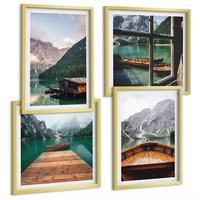 BILDER SET 4er Set - 50x50 cm & 40x60 cm Goldrahmen - Berglandschaften, Ferienhäuser, Boote - Goldfarben, Kunststoff (50/50cm) - TULUP