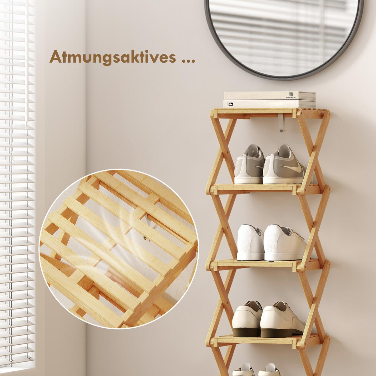 SCHUHREGAL klappbar Schuhständer mit 6 Ebenen aus Bambus für max. 9 Paar Schuhe - Naturfarben, Naturmaterialien (30/108/29cm) - HOMCOM