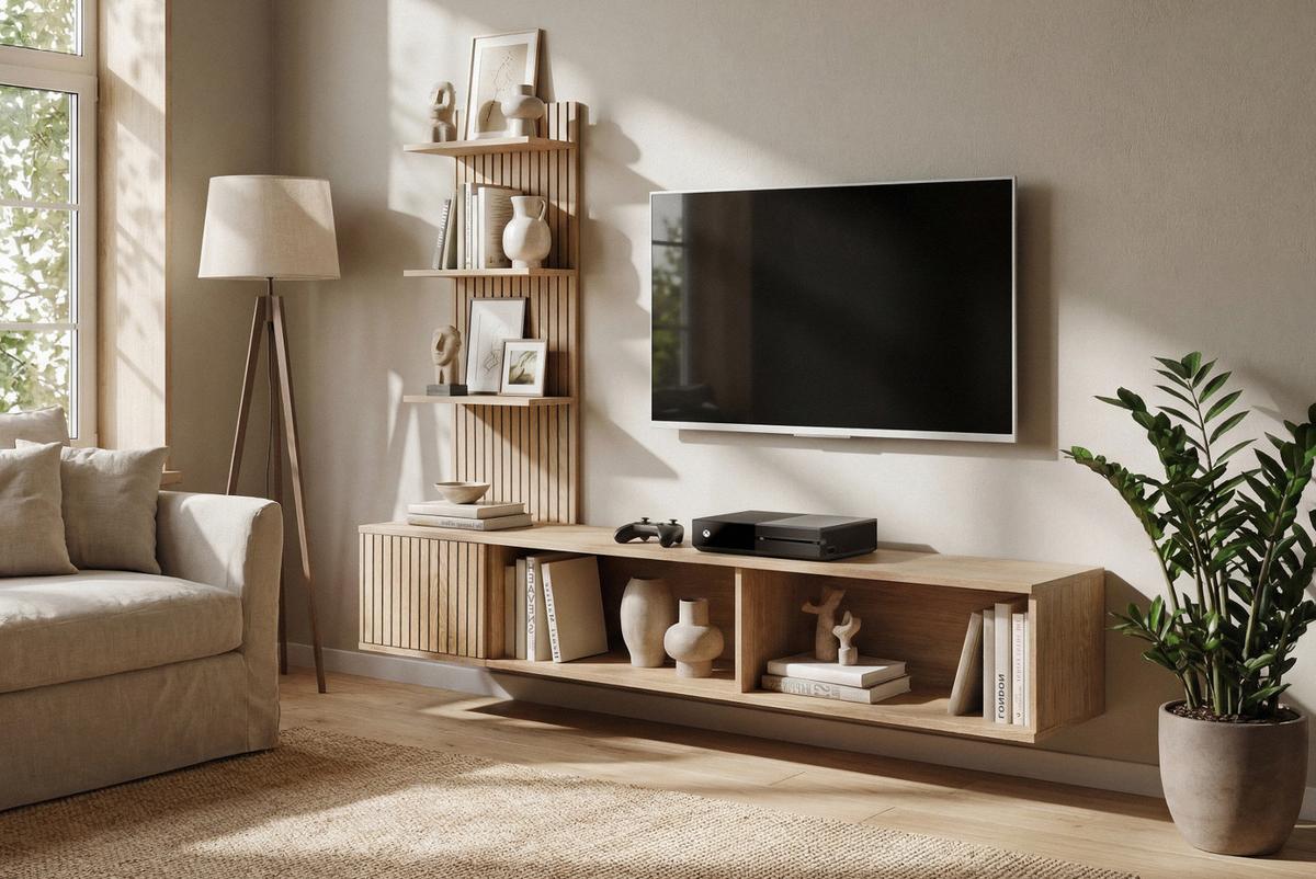 TV-LOWBOARD Cremona Eiche Leistenoptik 180 cm hängend, TV Unterschrank Set mit Paneel und Regal - Eichefarben, Holzwerkstoff (180/130/40cm) - Inn.Furn