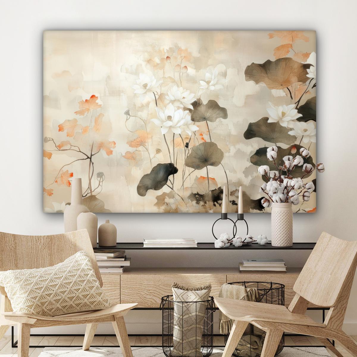 LEINWANDBILD Blumen - Japandi - Wabi sabi Wohnzimmer Groß 120x80 cm - Sandfarben, Textil (120/80cm) - MuchoWow