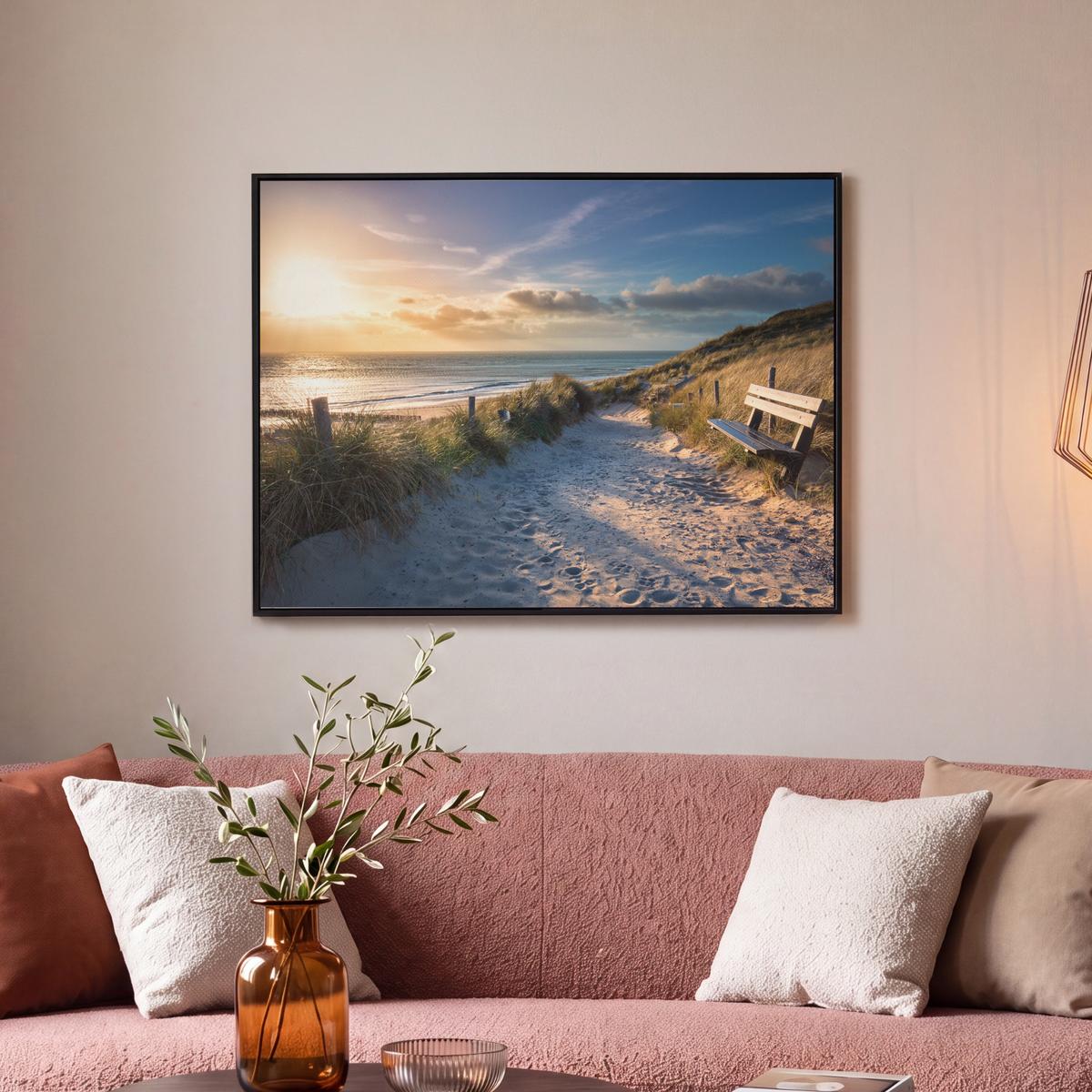 LEINWAND Bilder mit Rahmen - Sonnenuntergang - Strand - Düne - Gras - Ufer - 70x50 - Sandfarben, Textil (70/50cm) - MuchoWow