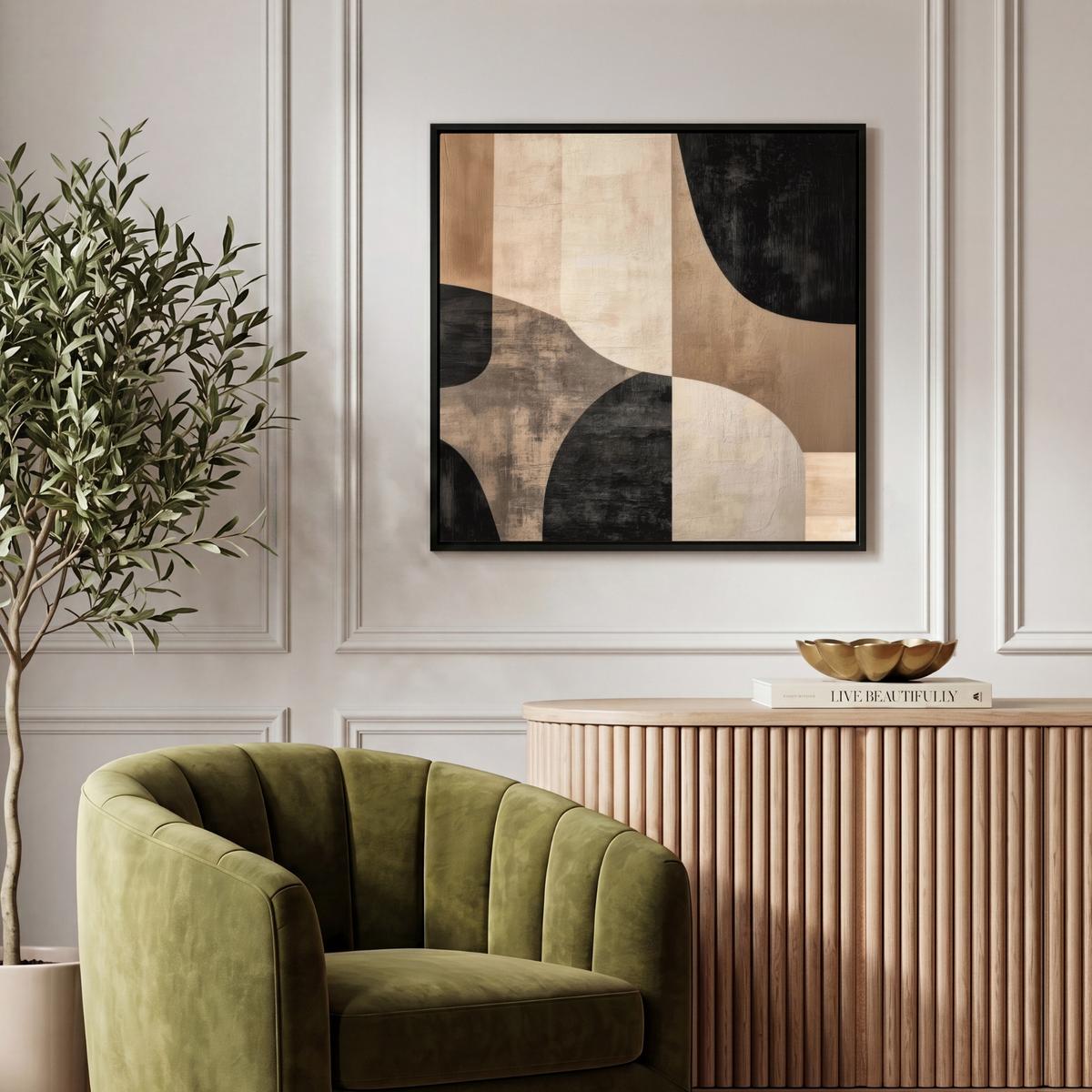 LEINWAND Bilder mit Rahmen - Abstrakt - Flugzeuge - Schwarz - Rund - 50x50 - Beige, Textil (50/50cm) - MuchoWow