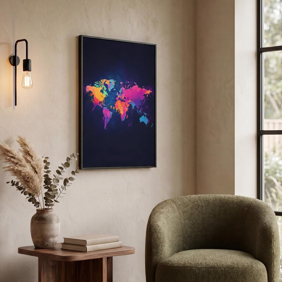 LEINWAND Bilder mit Rahmen - Weltkarte - Bunt - Graffiti - 60x80 - Multicolor, Textil (60/80cm) - MuchoWow