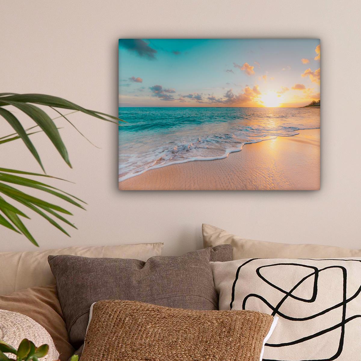 LEINWANDBILD Sonnenuntergang - Strand - Meer - Sommer - Blau Wandbild 40x30 cm - Multicolor, Textil (40/30cm) - MuchoWow