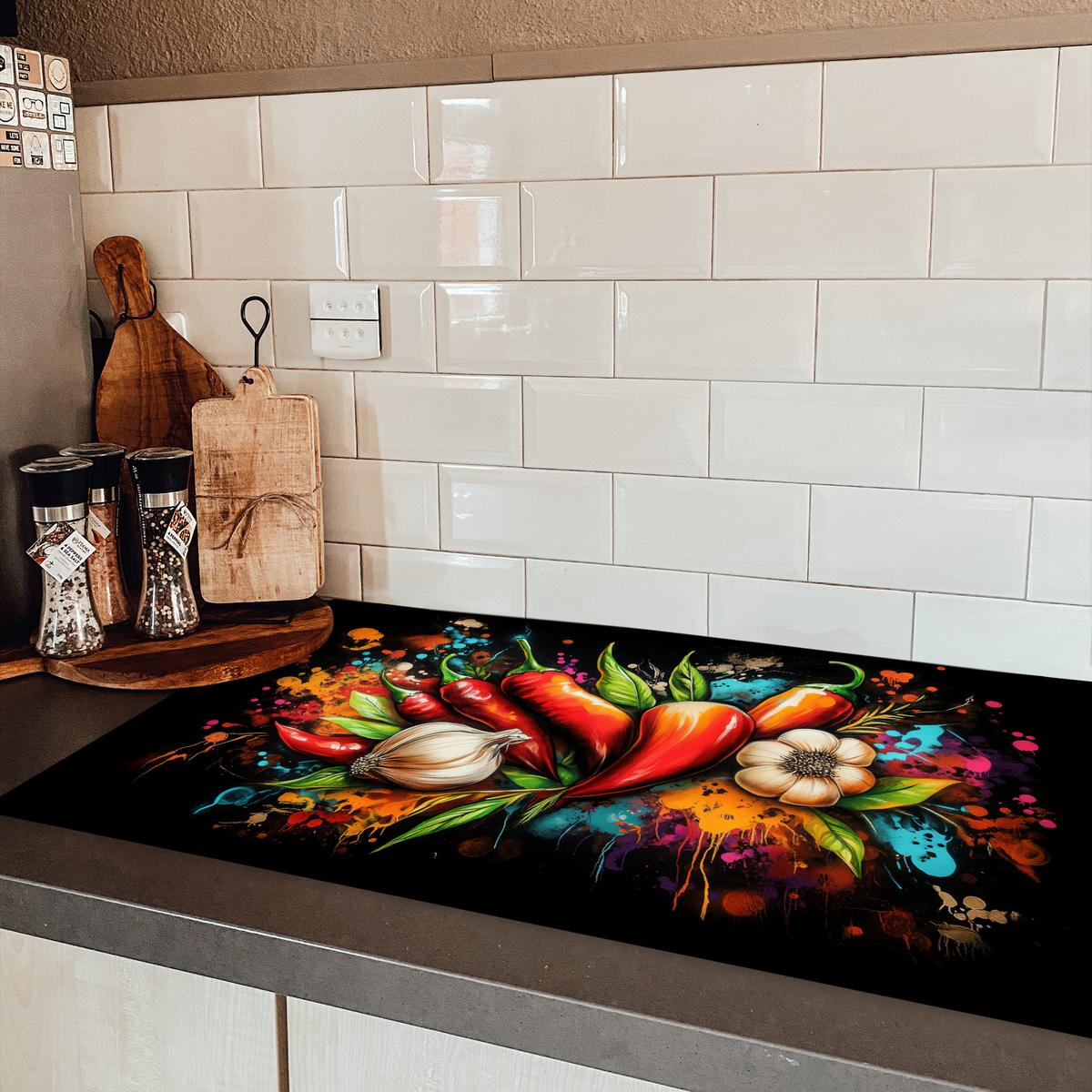 HERDABDECKPLATTE Gemüse - Paprika - Knoblauch - Graffiti - Farbe - Bunt Induktionsschutz 91.6x52.7 cm - Rot, Kunststoff (91.6/52.7/0.2cm) - MuchoWow