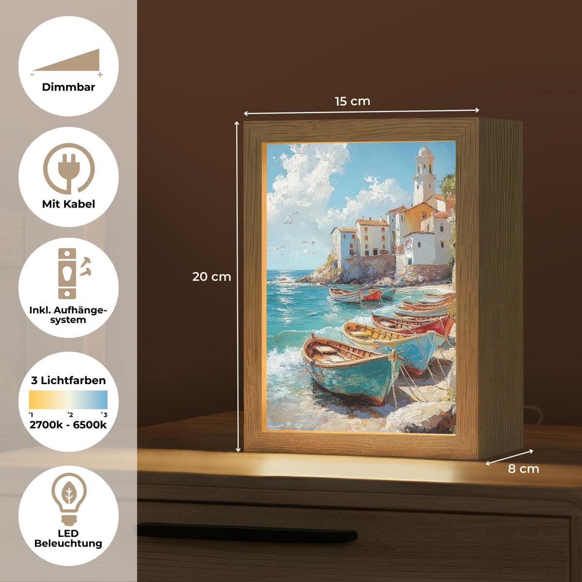 WANDLEUCHTE Boote - Felsen - Meer - Sonne 15x20 cm - Blau, Holzwerkstoff (15/20/8cm) - OnlyWow