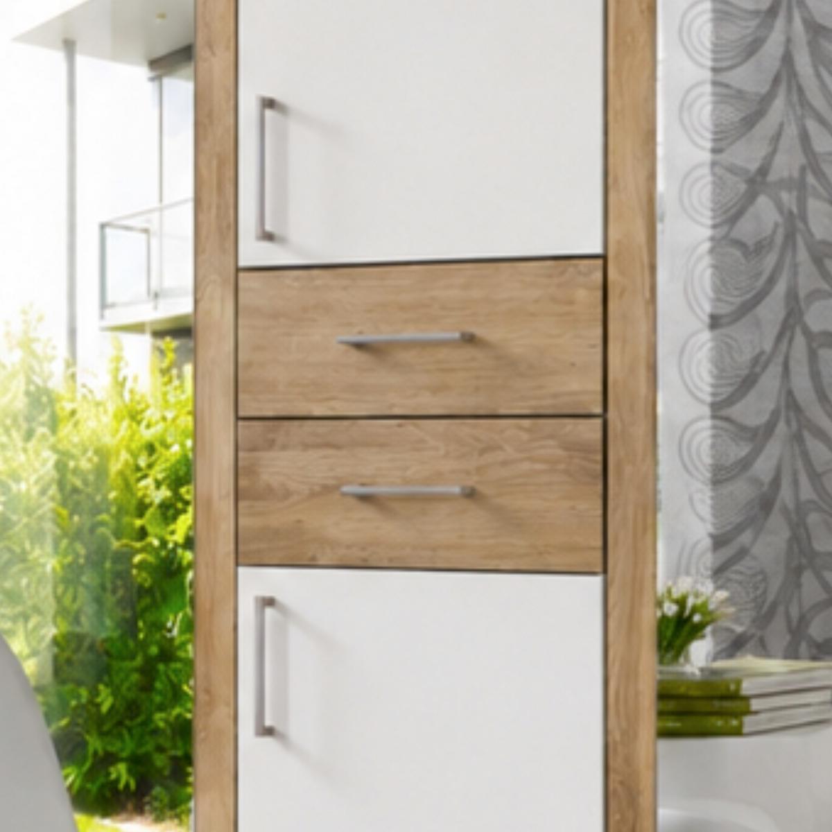 DREHTÜRENSCHRANK B225/H208/T58 cm, Weiß mit Absetzungen in Eiche Dekor, Kleiderschrank mit 2 Spiegeltüren & Schubkästen / 22591 - Eichefarben/Silberfarben, Holzwerkstoff/Kunststoff (225/208/58cm) - luma-home