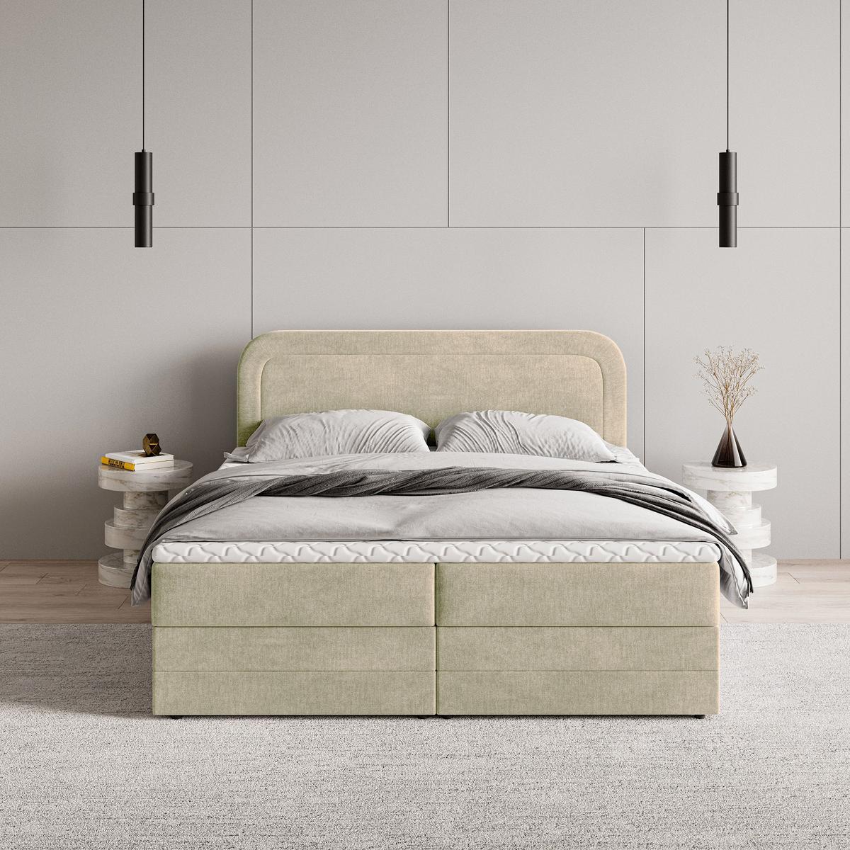 BOXBETT ARMEL 180x200 cm mit Matratze und Topper - Creme - Creme, Holz (180/200cm) - MASSENO