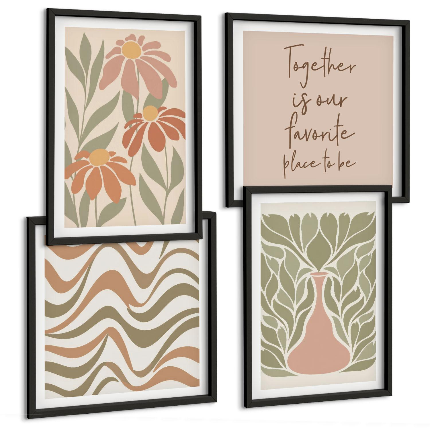 BILDER SET 4er Set - 50x50 cm & 40x60 cm Schwarzer Rahmen - Abstrakte Pastellblumen - Schwarz, Kunststoff (50/50cm) - TULUP