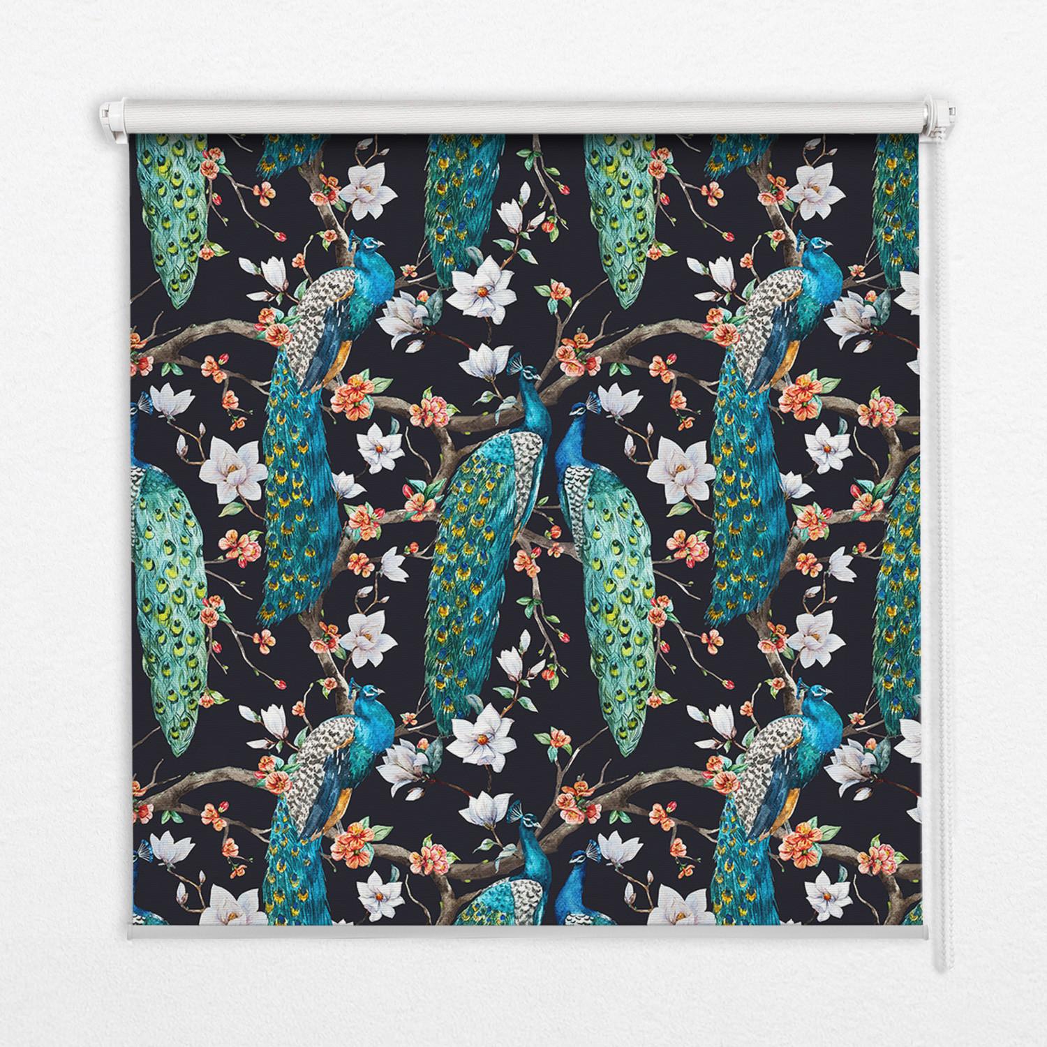 INNENROLLO - Fensterrollo - Rollo - 90x180 cm - Pfau bei den Blumen - Blau, Kunststoff (90/180/0.5cm) - TULUP