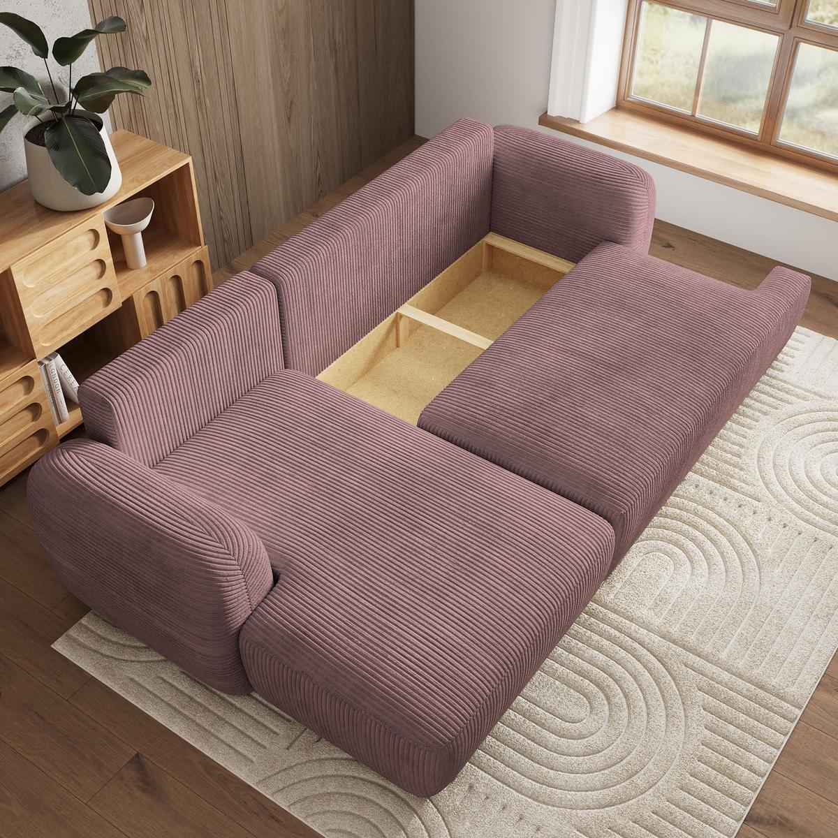 ECKSOFA MODENZA P L-S Lila Kordstoff mit Schlaffunktion - Lila/Schwarz, Holz/Kunststoff (266/148cm) - MASSENO