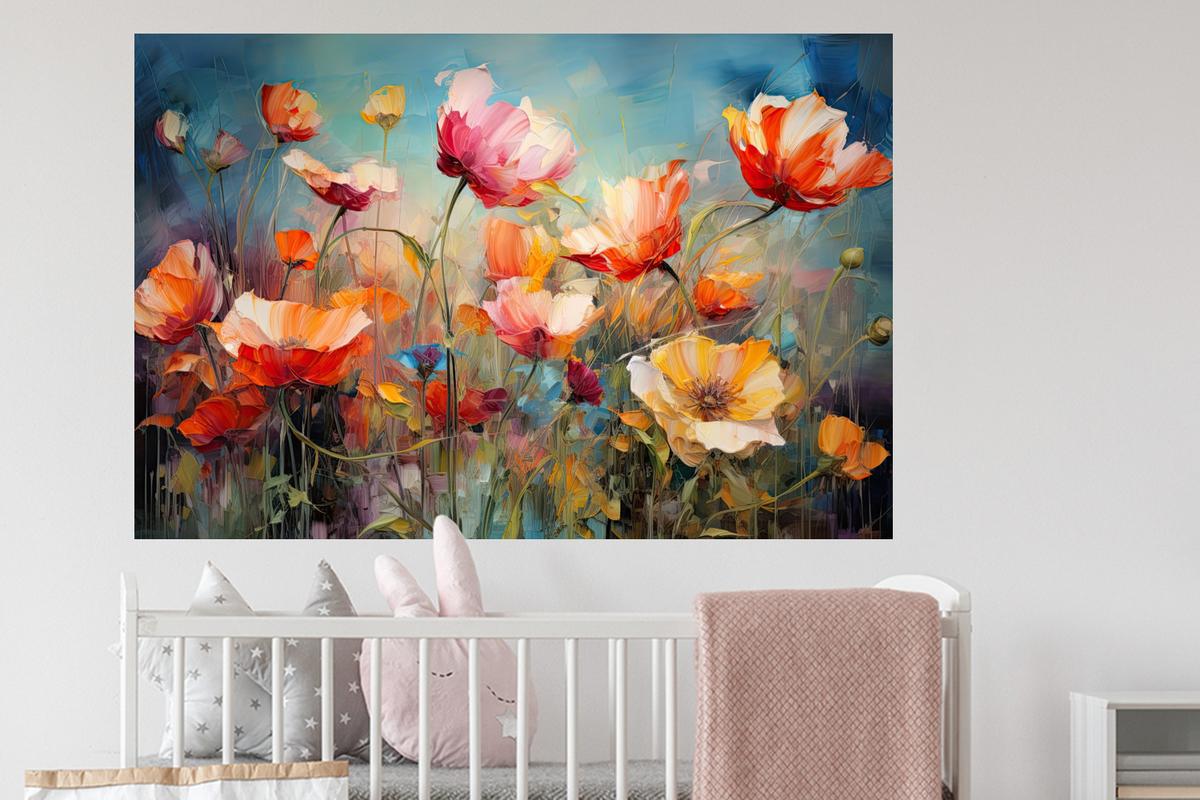WANDTATTOO Blumen - Aquarell - Kunst - Botanisch - Natur Wandsticker 120x80 cm - Orange, Kunststoff (120/80/0.1cm) - MuchoWow