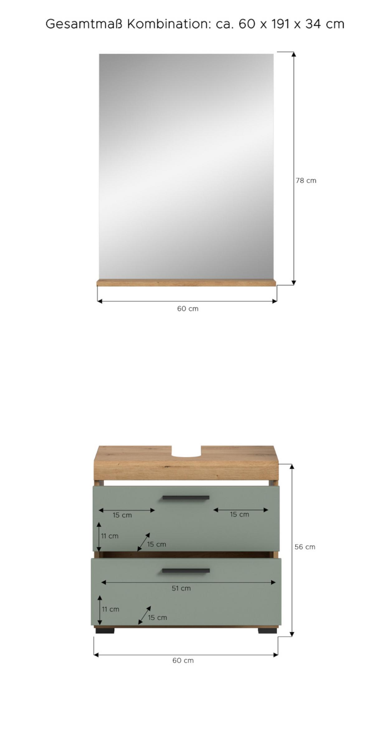 BADMÖBEL-SET Salbei grün, Eiche Artisan 2-teilig 60 cm, Kombination mit Spiegel - Salbeigrün/Schwarz, Glas/Holzwerkstoff (60/191/37cm) - Inn.Furn