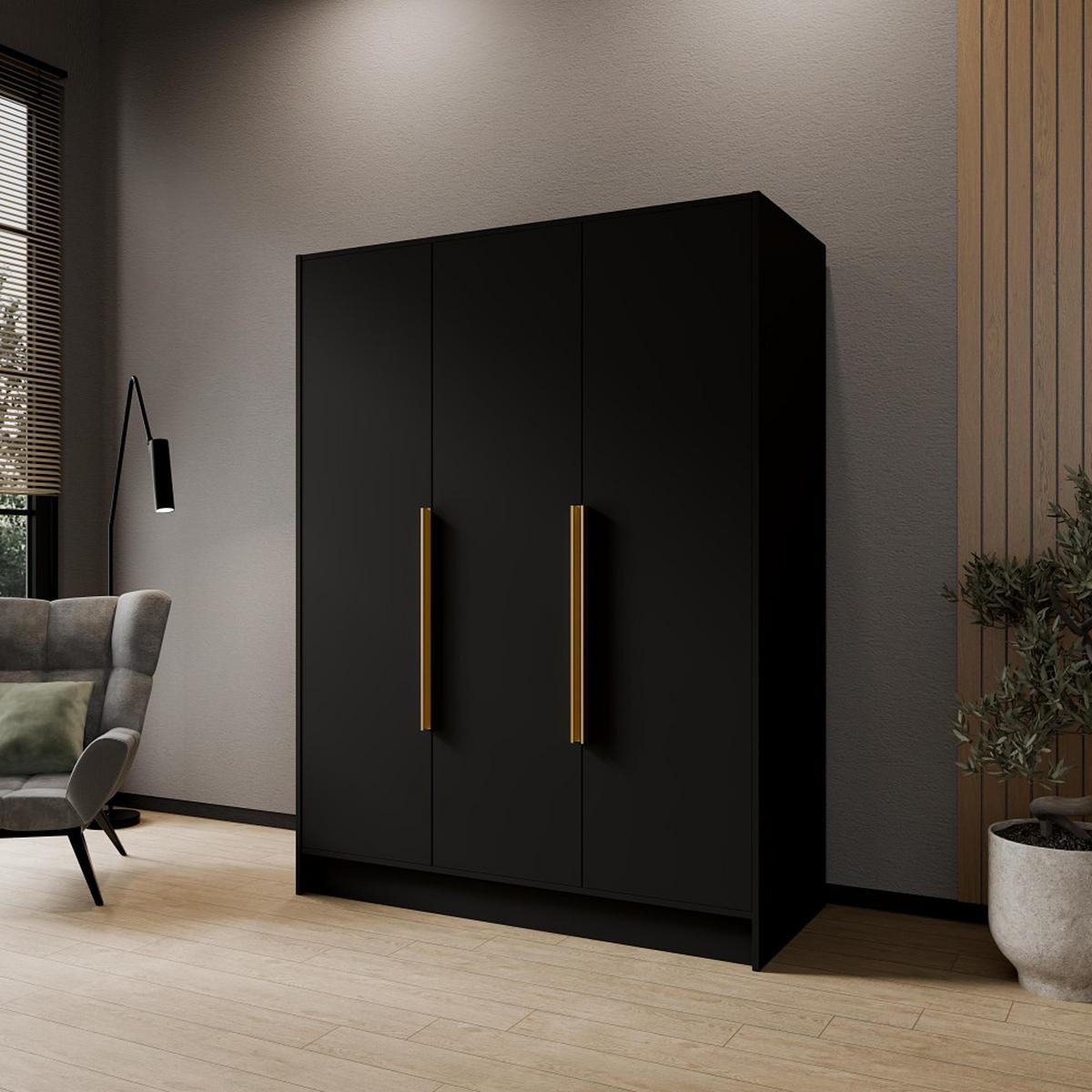 DREHTÜRENSCHRANK Pavia ohne Spiegel, Schwarz mit goldenen Griffen, 150 cm - Goldfarben/Schwarz, Holzwerkstoff (150/200/51cm) - Beautysofa