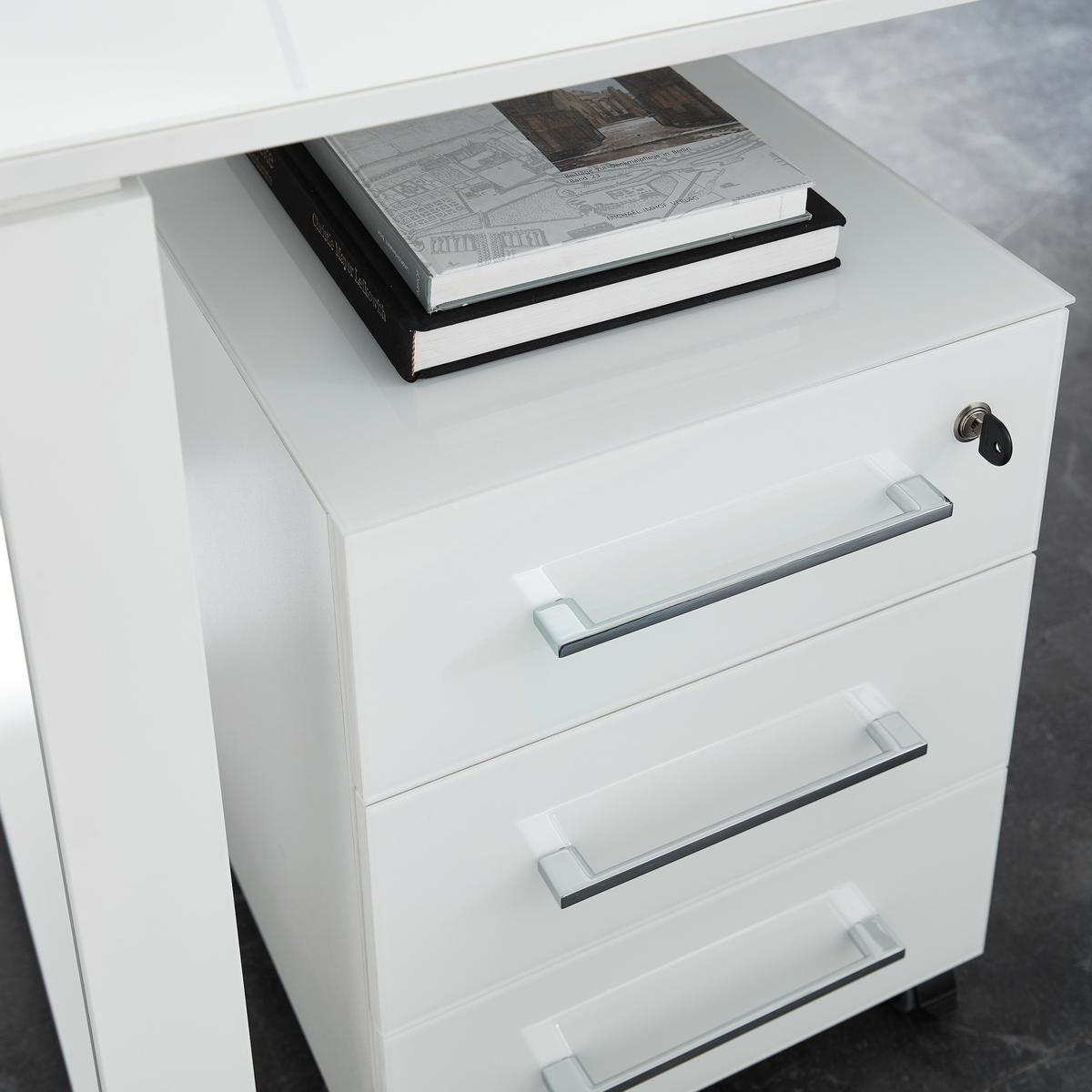 SCHREIBTISCH-SET MUENCHEN 160x80 cm Weiß | Glasplatte & Container - Weiß, Glas/Metall (80/160/75cm) - KADIMA DESIGN