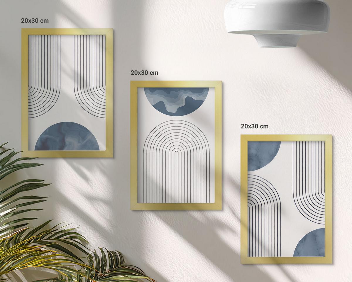 BILDER SET 3er Set - 20x30 cm Goldrahmen - Abstrakte blaue Muster - Goldfarben, Kunststoff (20/30cm) - TULUP
