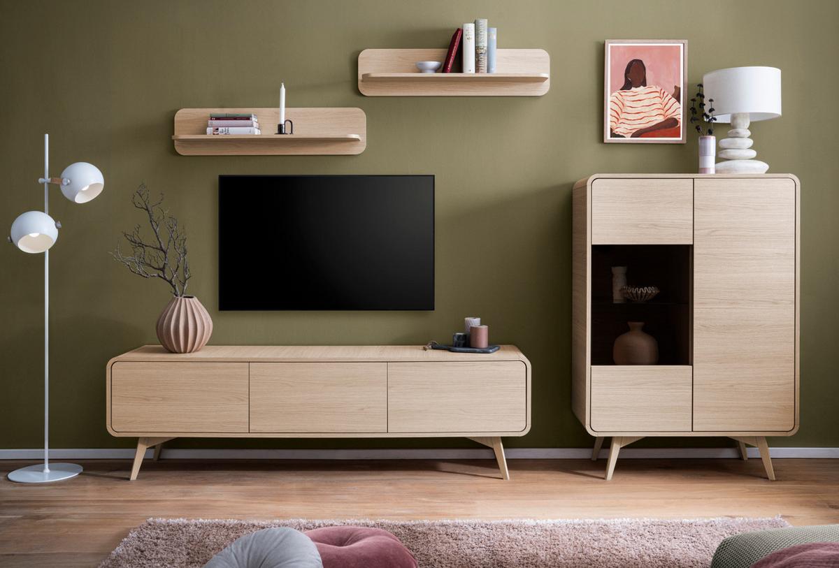 WOHNWAND Eiche natur 4-teilig 290 cm, Anbauwand mit Push-to-Open - Eichefarben, Glas/Holz (290/170/39cm) - Furn.Design