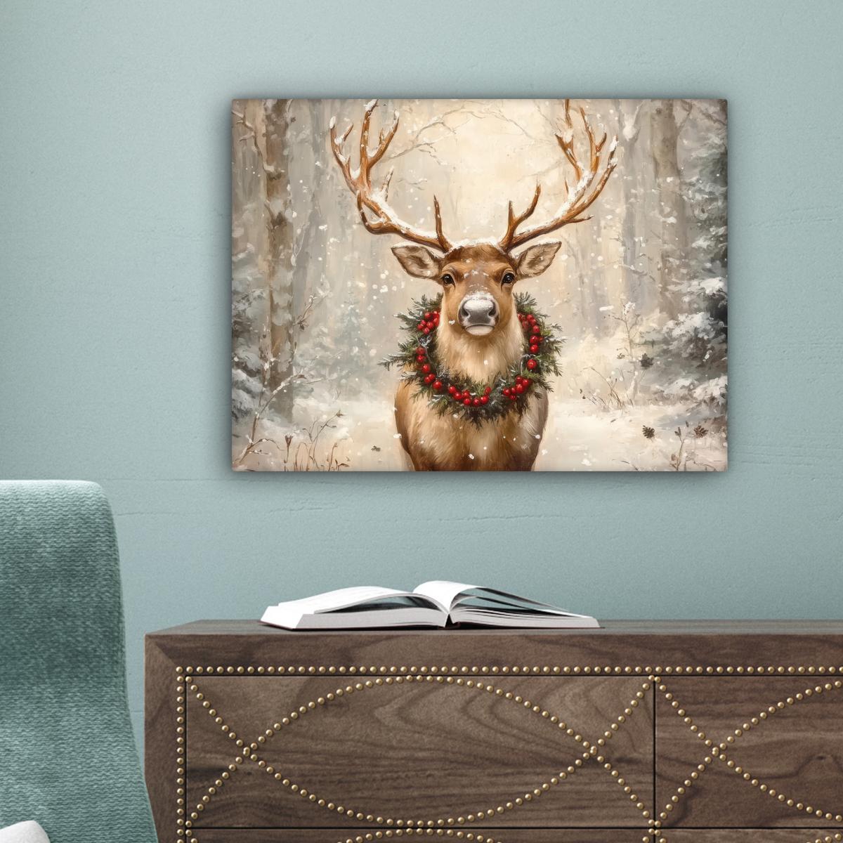 LEINWANDBILD Weihnachten - Rentier - Winter - Kranz Wandbild 40x30 cm - Naturfarben, Textil (40/30cm) - MuchoWow