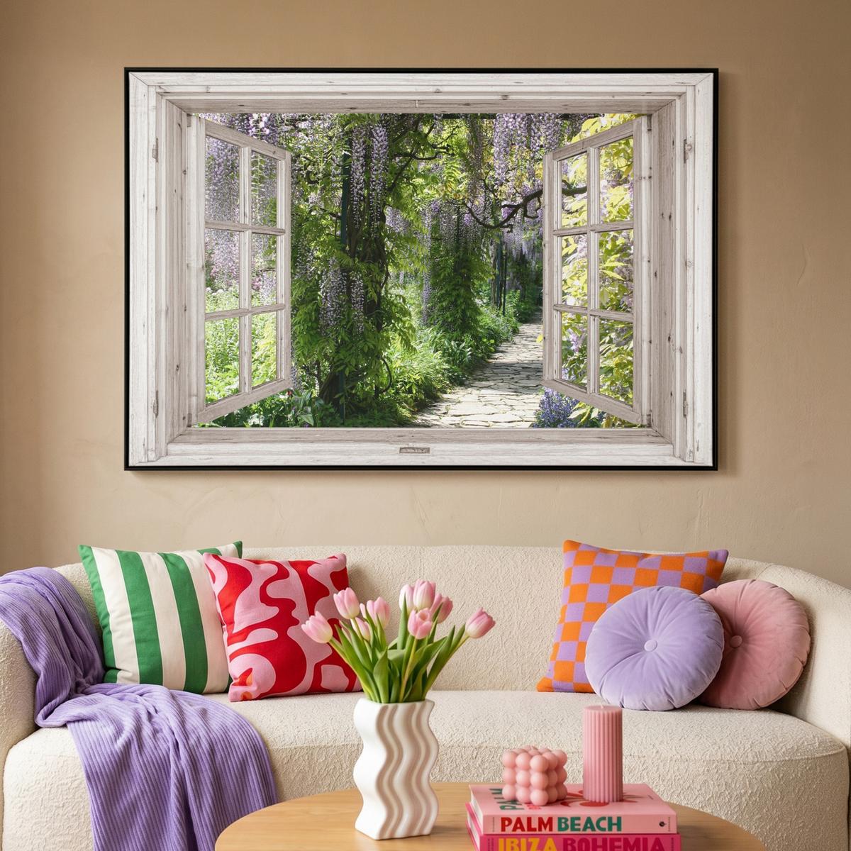 LEINWAND Bilder mit Rahmen - Blauer Regen - Blumen - Aussicht - Baum - Frühling - 120x80 - Grün, Textil (120/80cm) - MuchoWow