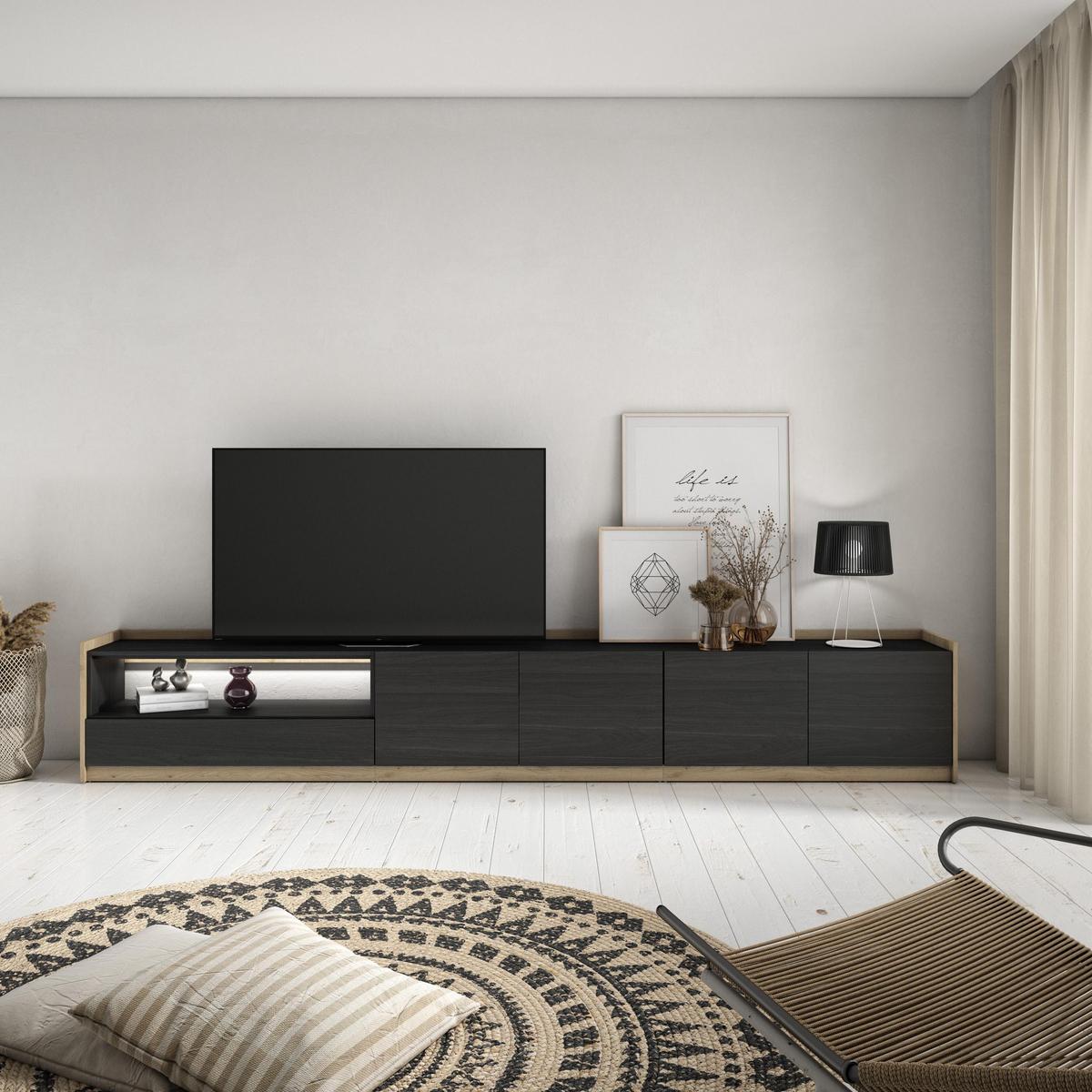 LOWBOARD, Schwarz und Eiche, 310/37/50cm, mit Led - Schwarz, Holzwerkstoff (310/50/37cm) - Skraut Home