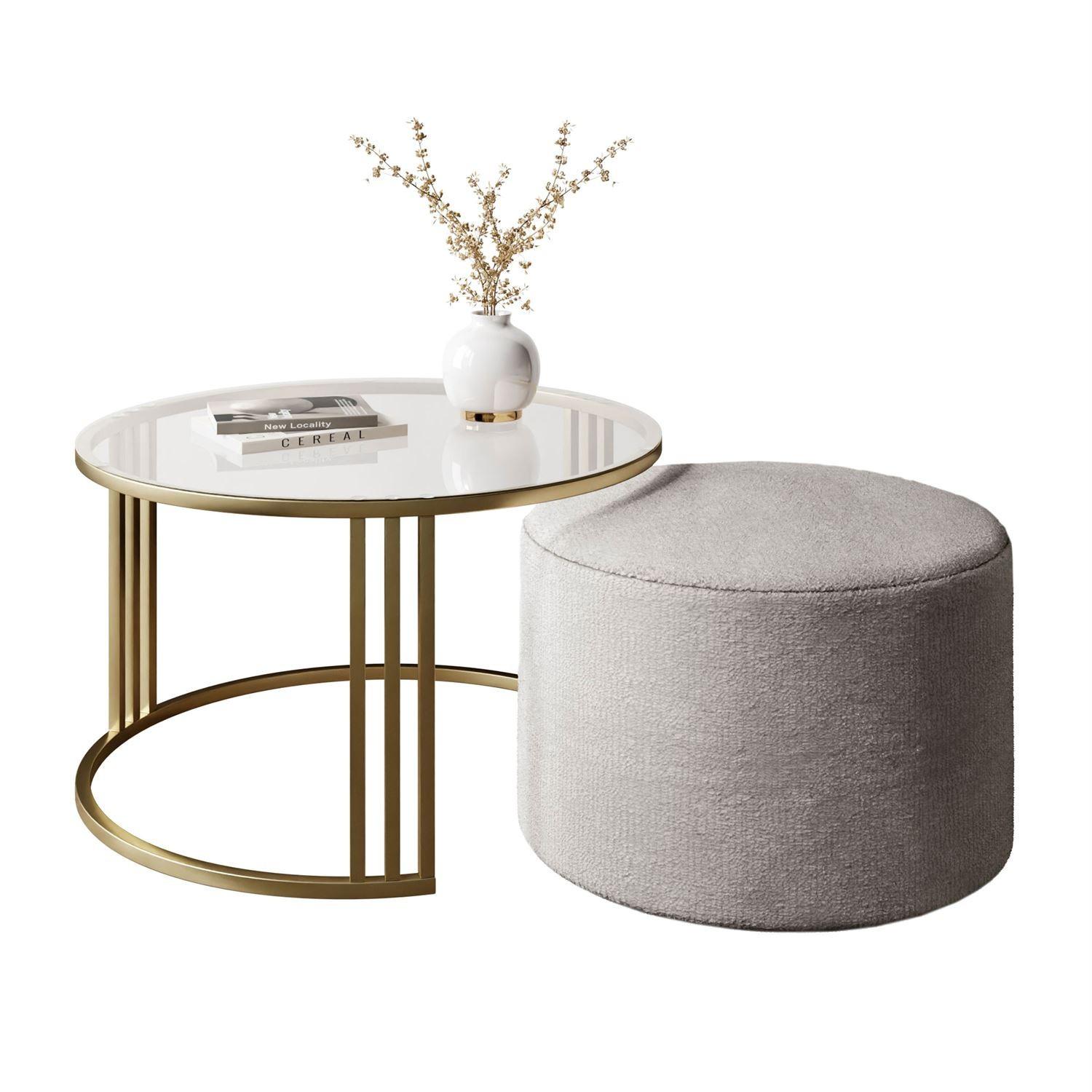 COUCHTISCH mit Hocker LORI GLASS gebürstetes Gold/transparentes Glas/Perfect Harmony 82 - Transparent, Metall (70/70/49cm) - Lookway