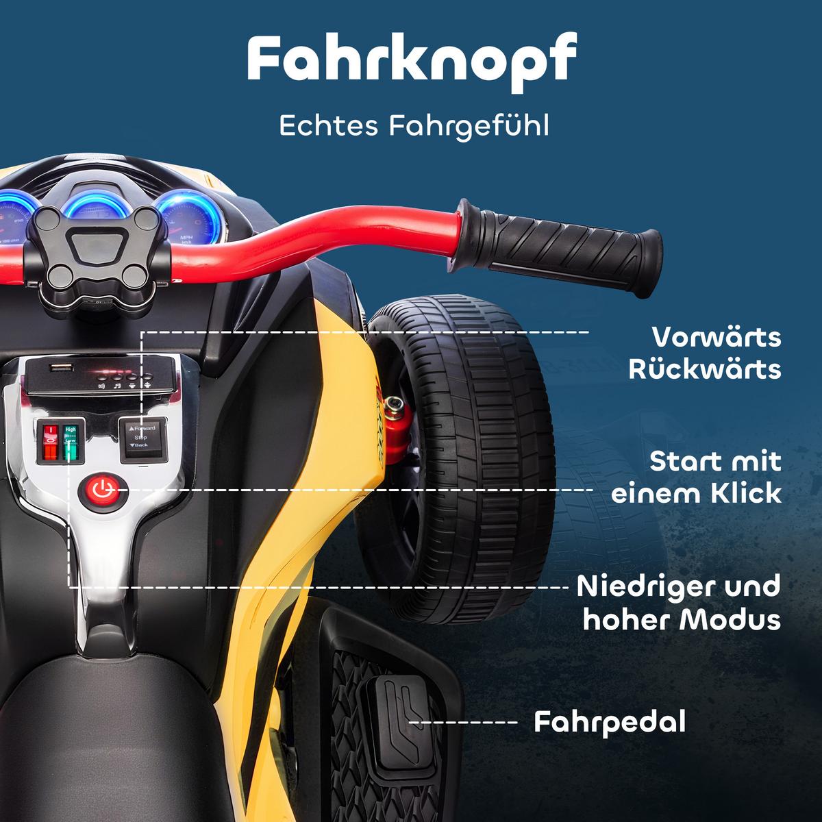 KINDER-ELEKTROQUAD 12V Kinderquad mit 3 Rädern, 2 Geschwindigkeiten, Gelb - Gelb, Kunststoff (113/74/63cm) - AIYAPLAY