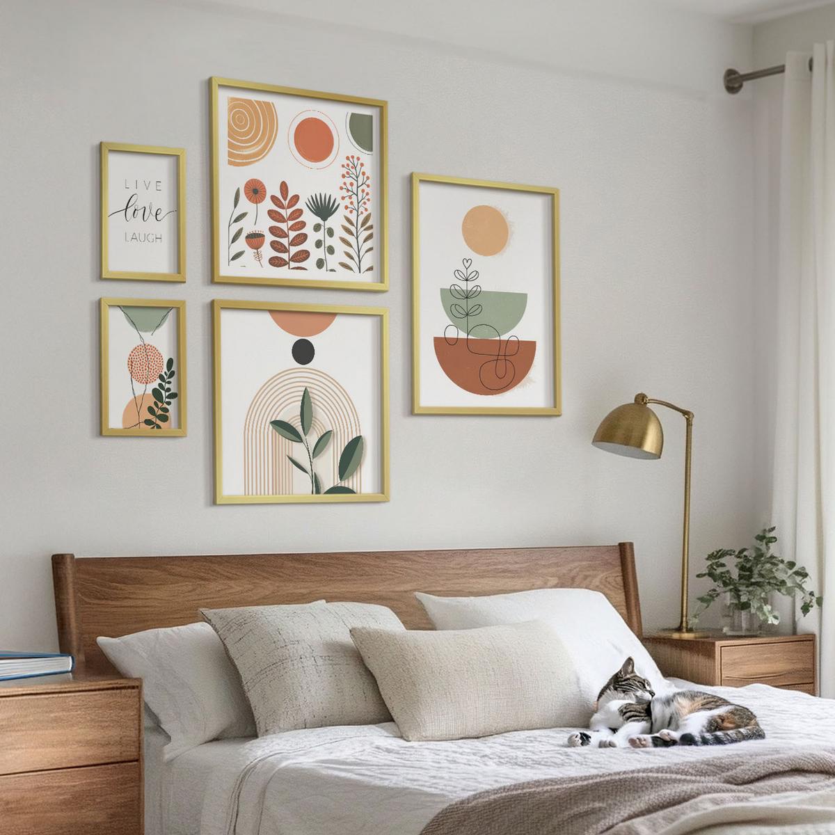 BILDER SET 5er Set - 50x50 cm & 20x30 cm & 40x60 cm Goldrahmen - Abstrakte Berglandschaften - Goldfarben, Kunststoff (40/60cm) - TULUP