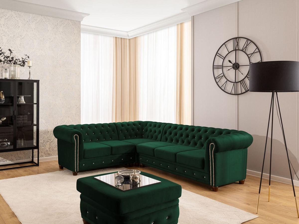 ECKSOFA Chesterfield Cleo Blink Flasche Grün Samt mit Kristallsteppung und braunen Massivholzfüßen - Ottomane Links - Braun/Grün, Holz/Textil (264/210cm) - S-Style Möbel