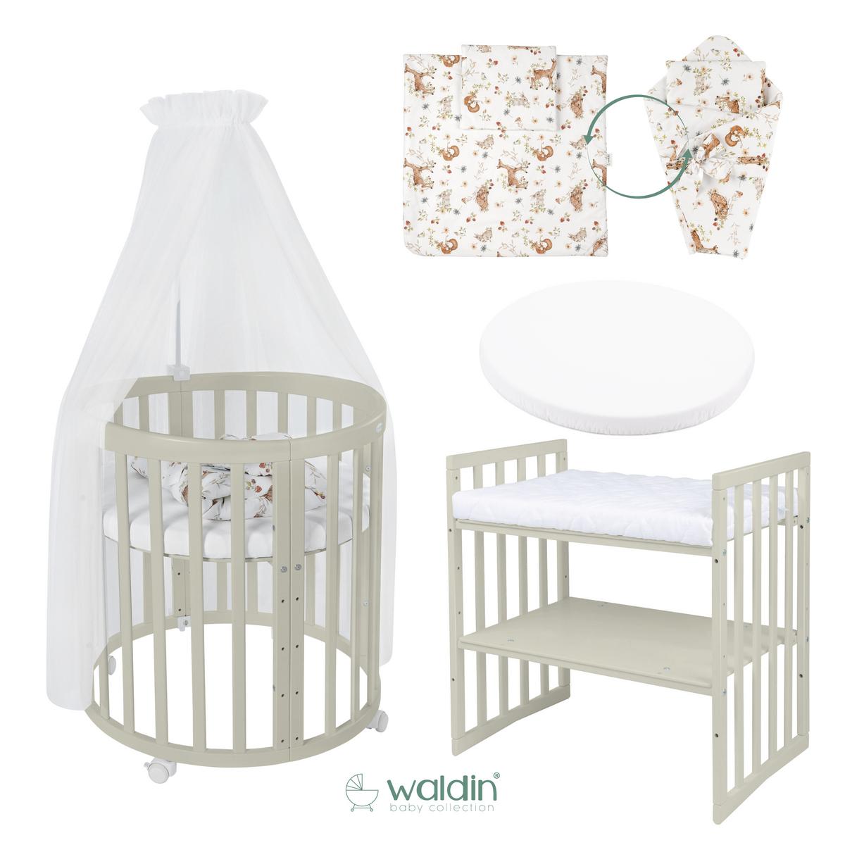 BABYBETT OLIVE OVAL 7in1 mit Matratze und Himmelset - Multicolor/Olivgrün, Holz/Textil (73/125cm) - waldin