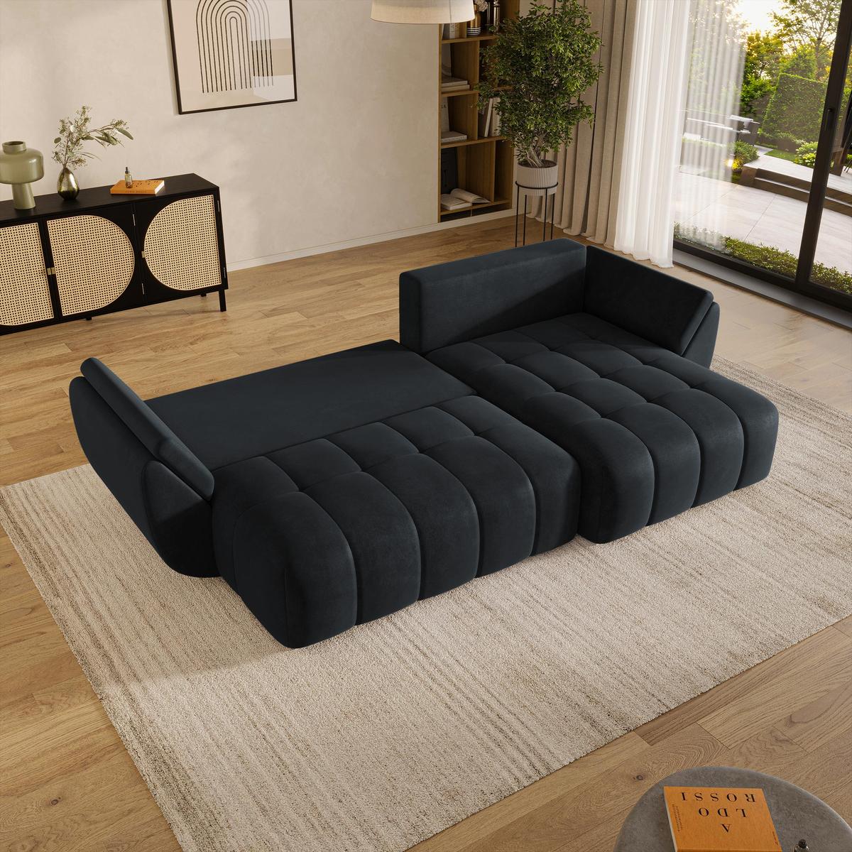 ECKSOFA OLSI Schwarz Velours-Stoff mit Schlaffunktion - Schwarz, Holz (285/148cm) - MASSENO