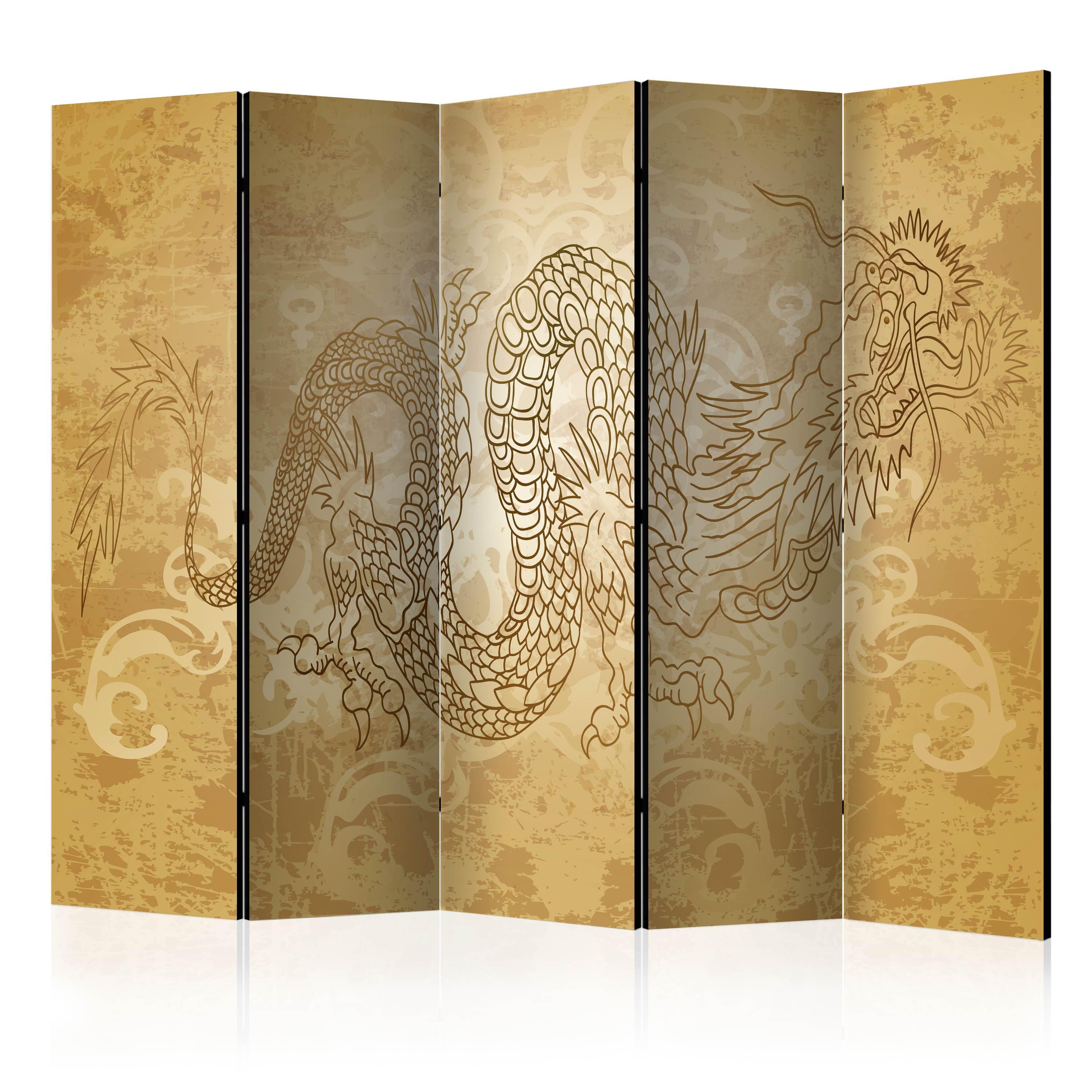 PARAVENT Einseitig Bedruckter 5-tlg 225x172 cm Drache Ornamenten - Gelb, Holz/Textil (225/172/3cm) - Muralo