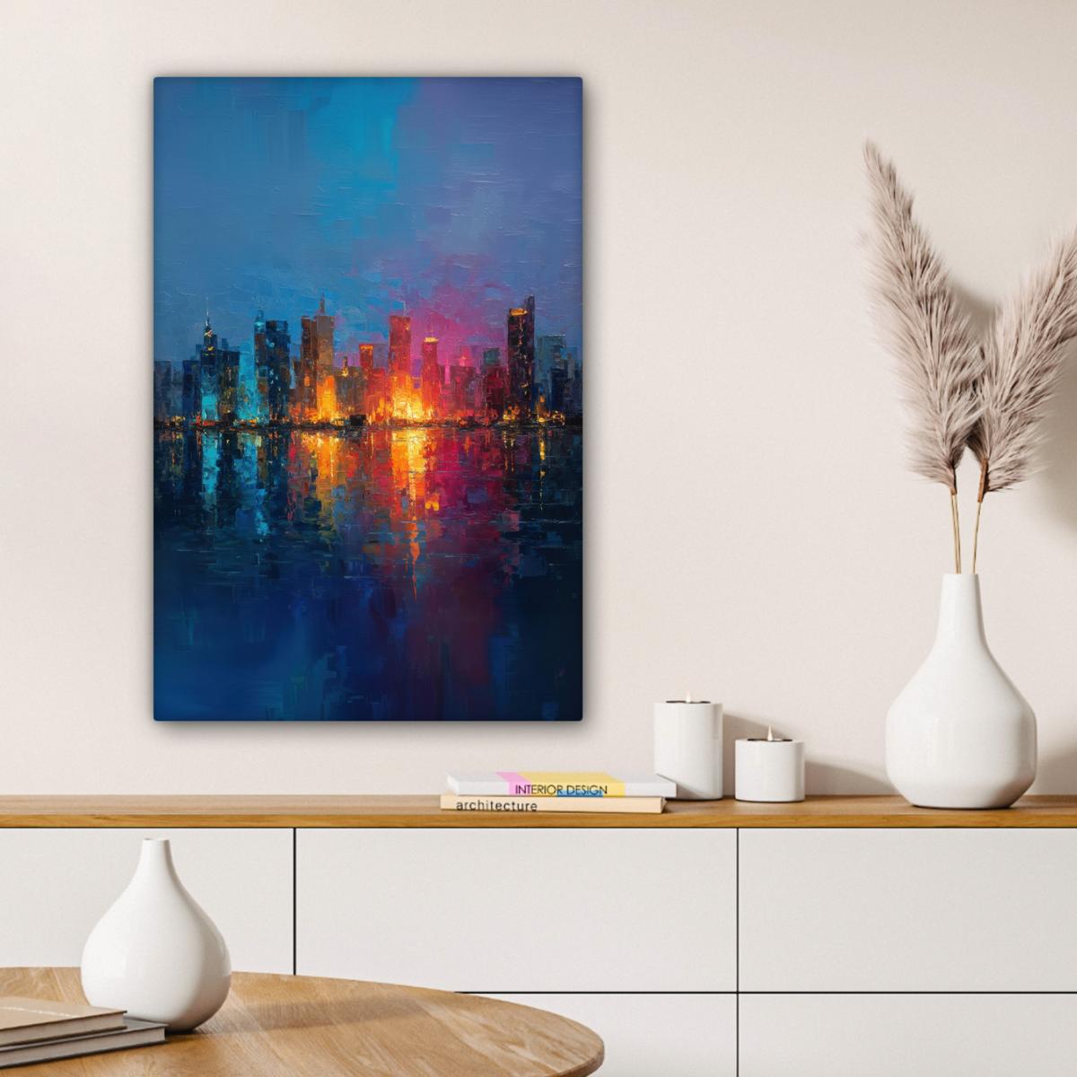 LEINWANDBILD Skyline - Pinselstriche - Dunkelblau - Leuchtend Wanddeko Schlafzimmer 60x90 cm - Blau, Textil (60/90cm) - MuchoWow