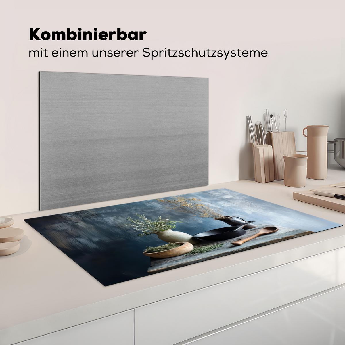 HERDABDECKPLATTE Stilleben - Kräuter - Rustikal Induktionsschutz 91.2x52 cm - Blaugrau, Kunststoff (91.2/52/0.2cm) - MuchoWow