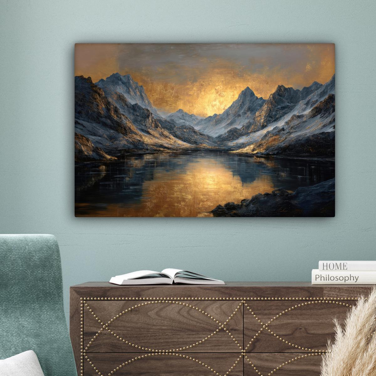 LEINWANDBILD Bergkulisse mit goldenem Sonnenuntergang Gemälde 60x40 cm - Goldfarben, Textil (60/40cm) - MuchoWow