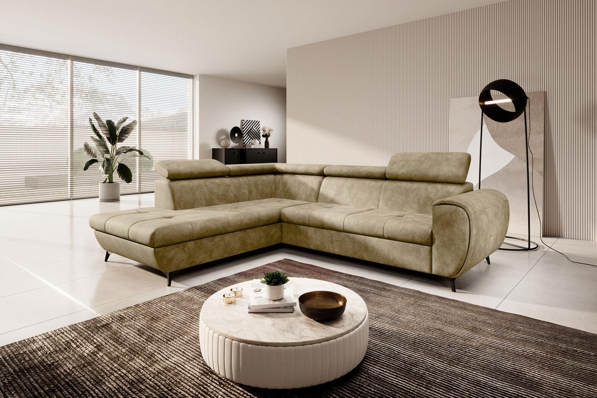 ECKSOFA MAGIA L-S Beige Plüsch-Stoff mit Schlaffunktion - Beige, Holz (260/217cm) - MASSENO