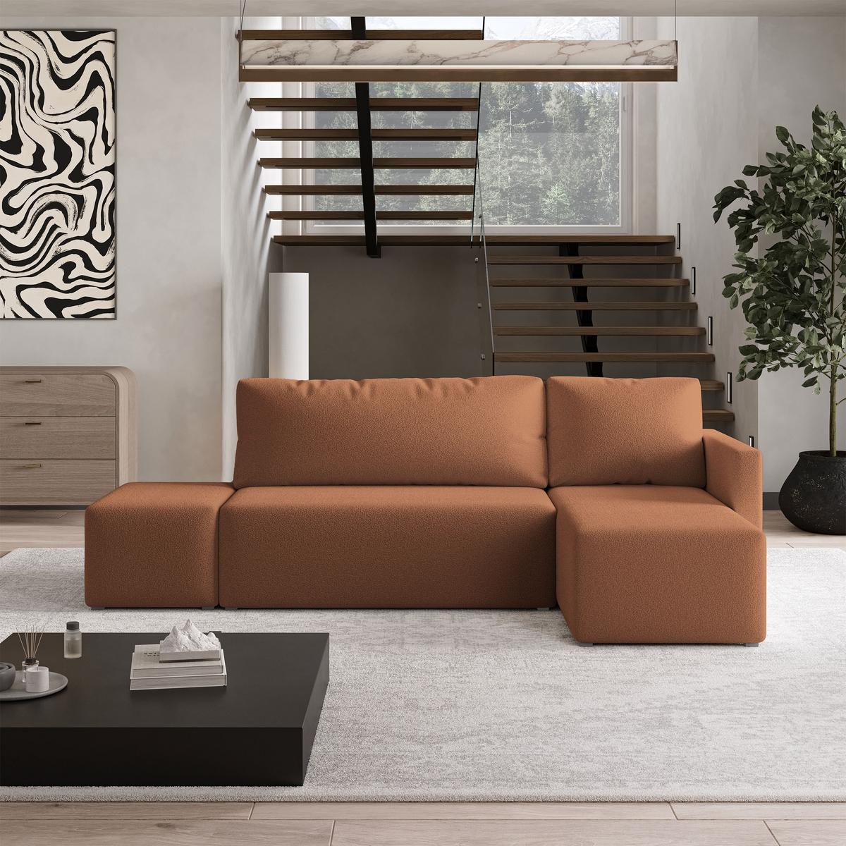 ECKSOFA VELOTTI R-S Kupferfarben Boucle-Stoff mit Schlaffunktion - Kupferfarben, Holz (261/143cm) - MASSENO
